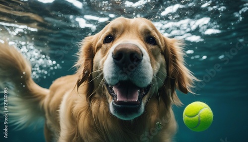 Spectacular portrait of a golden retriever chasing a tennis ball underwater 