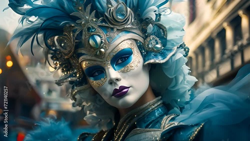 A woman wearing an intricate mask at a masquerade photo