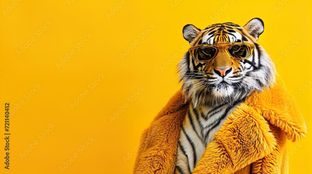 Tiger Chic Unleashed: Immerse yourself in a world of creativity with our animal concept. Witness a tiger adorned in high-end couture, a vision of glamour on a bright background.
