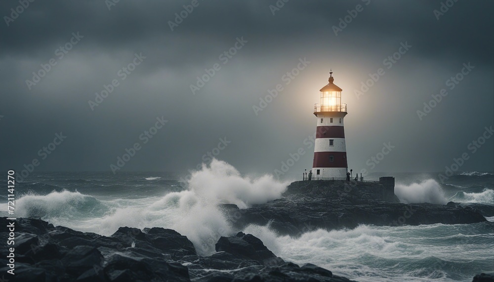 a lighthouse on a rocky ground that shines in rainy, lightning and foggy weather amidst huge huge wave

