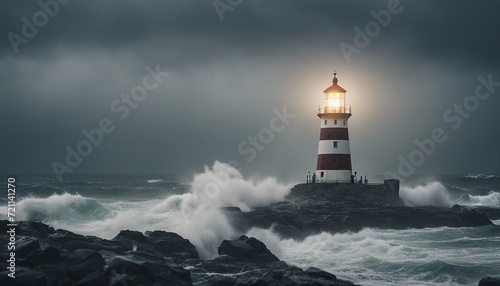 a lighthouse on a rocky ground that shines in rainy, lightning and foggy weather amidst huge huge wave

 photo