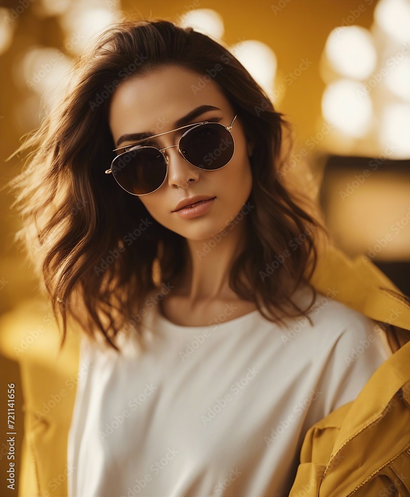 Young pretty brunette girl with sunglasses, isolated  studio background

