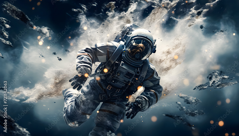 An astronaut walking on the surface of a desolate planet surrounded by smoke and flying debris. The astronaut, clad in a space suit, appears determined as they navigate the harsh environment An astronaut walking on the surface of a desolate planet surrounded by smoke and flying debris. The astronaut, clad in a space suit, appears determined as they navigate the harsh environment
