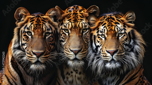 Big cats  Lion  tiger and spotted leopard  together on a black background. generative ai