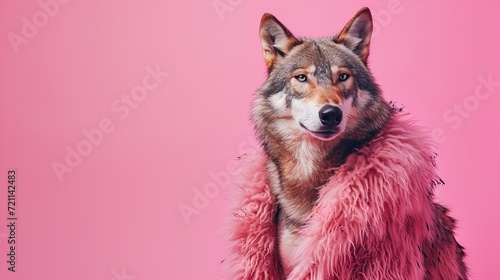 Howling Elegance: Unleash glamour with a stylish wolf in high-end couture. This captivating image on a bright background is perfect for invitations, ads, and banners.