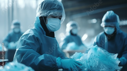 Healthcare workers in protective gear meticulously sort through recyclable waste at a medical recycling facility, highlighting environmental responsibility. photo