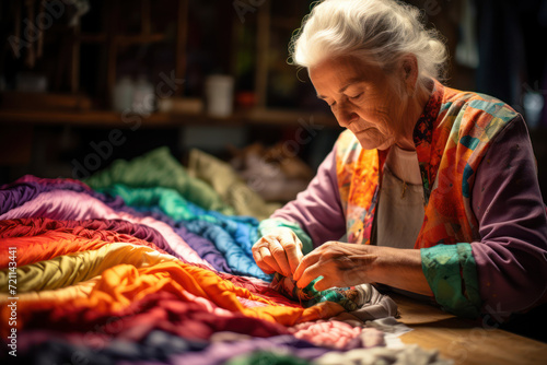 Amidst colorful threads and fabrics, a senior woman hones her quilting skills, transforming disparate pieces into a cohesive and beautiful quilt. Generative Ai.