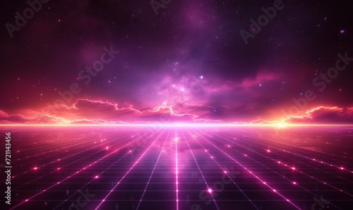 purple space with stars, retro visuals, grid formations