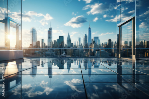 A sleek glass skyscraper pierces the skyline, reflecting the surrounding cityscape like a modern-day mirror, symbolizing the convergence of architecture and urban life. Generative Ai.