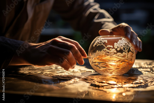 An artist etches intricate patterns onto a glass surface, transforming it into an elegant piece of decorative art that captures the essence of fine craftsmanship. Generative Ai.