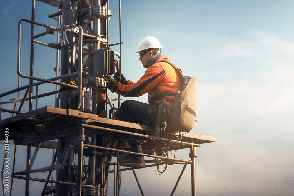 engineer wearing safety gear working at top of signal antenna.Working at height. engineer wearing safety gear working at top of signal antenna.Working at height.