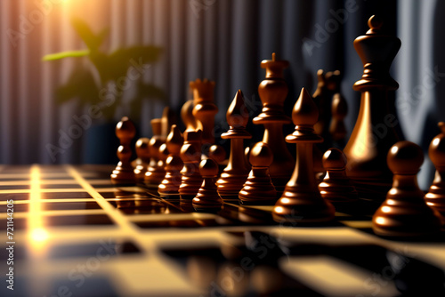 Background close-up chess pieces on chessboard game. Concept for ideas, competition and strategy, business success concept, business competition planning teamwork strategic. Wallpaper, copy space