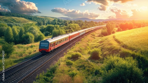 Aerial view of a red train traveling through lush fields.