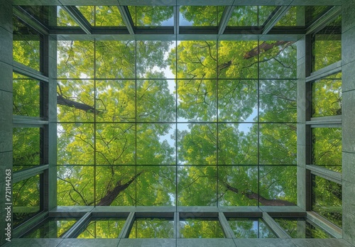 sky through green trees illustration, building windows, mirror rooms, multiple exposure, eco-architecture