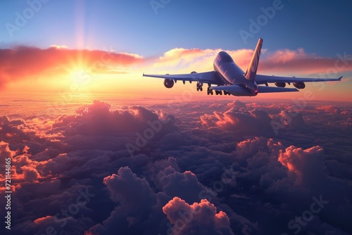 Airplane flying over clouds at sunset time