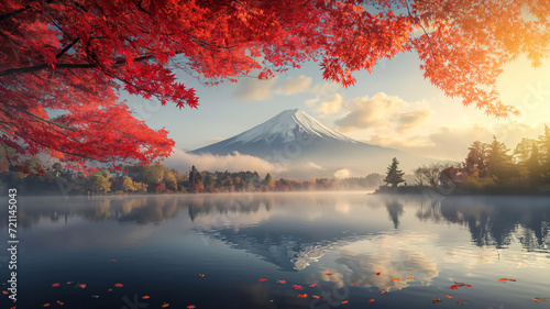 Autumnal Serenity at Mount Fuji with Red Maples 