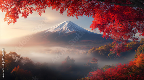 Autumnal Serenity at Mount Fuji with Red Maples 