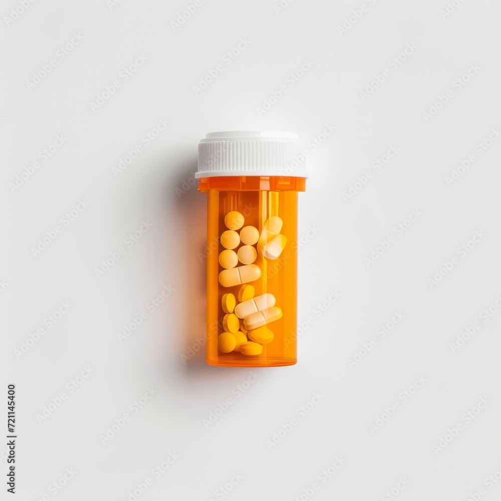 orange plastic container filled with white pills - overhead flat lay product photo orange plastic container filled with white pills - overhead flat lay product photo
