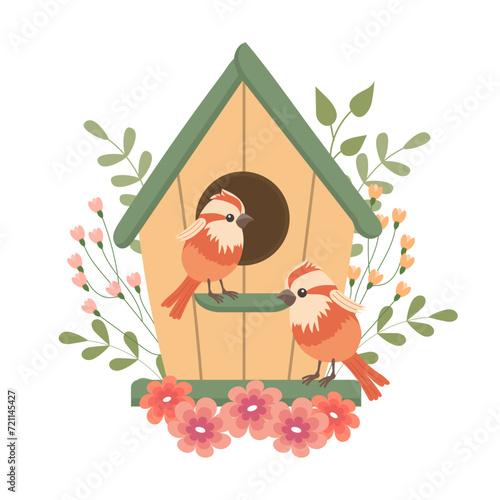 Cute birdhouse with birds, decorated with flowers and leaves. Spring clip art in flat cartoon style. Spring holiday illustration. Vector