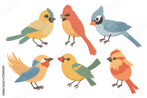 Set of cute bright birds. Set of various spring birds. Spring icons in flat cartoon style. Illustration in children's style. Vector