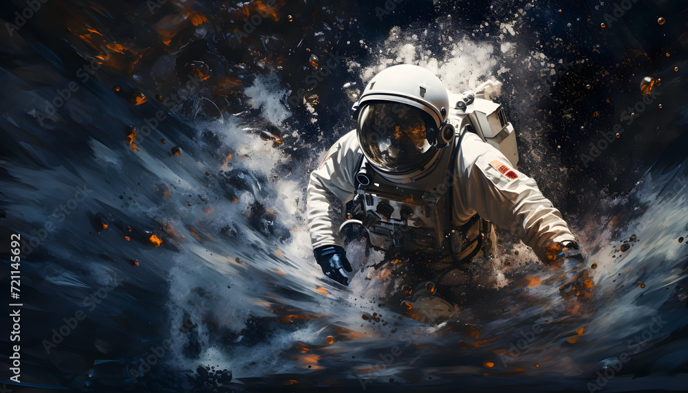 Obraz premium An astronaut walking on the surface of a desolate planet surrounded by smoke and flying debris. The astronaut, clad in a space suit, appears determined as they navigate the harsh environment