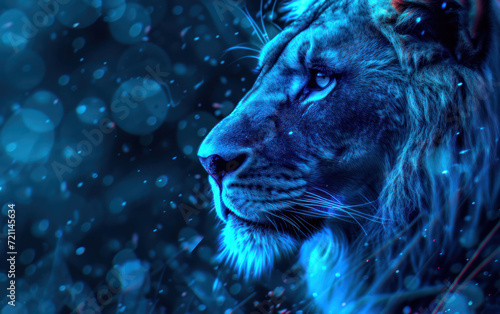 head of a lion on a blue background, translucent geometries