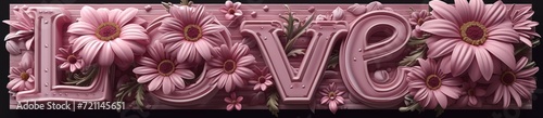 love lettering and flower 3d visualizations  organic fluid shapes  purple and pink