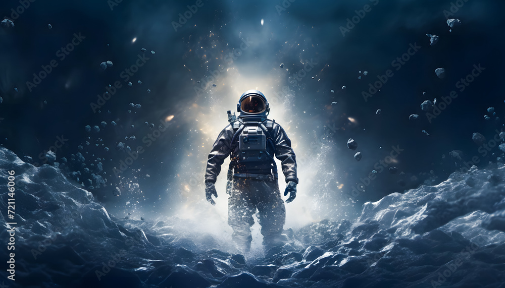 An astronaut walking on the surface of a desolate planet surrounded by smoke and flying debris. The astronaut, clad in a space suit, appears determined as they navigate the harsh environment An astronaut walking on the surface of a desolate planet surrounded by smoke and flying debris. The astronaut, clad in a space suit, appears determined as they navigate the harsh environment