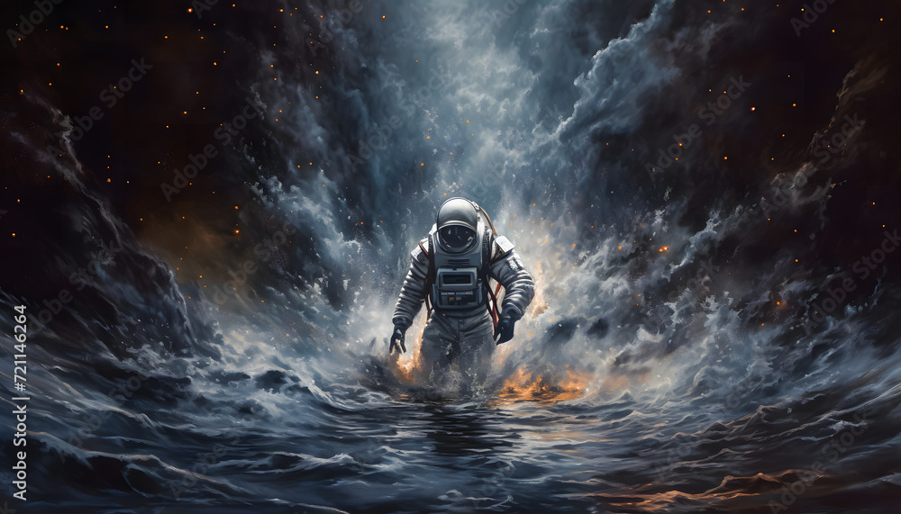 An astronaut walking on the surface of a desolate planet surrounded by smoke and flying debris. The astronaut, clad in a space suit, appears determined as they navigate the harsh environment An astronaut walking on the surface of a desolate planet surrounded by smoke and flying debris. The astronaut, clad in a space suit, appears determined as they navigate the harsh environment