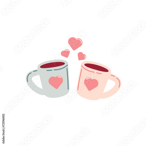 Couple of Cups with Hearts, Minimalist Cute Children's Design, Valentine's Day Concept