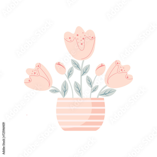 Flowers, tulips with leaves in a pot, minimalist design, spring concept, Valentine's day concept