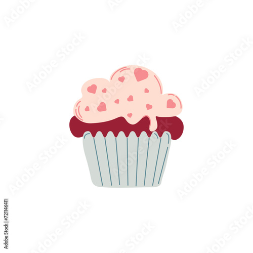 Chocolate cupcake with pink hearts, Minimalistic design, Valentine's concept