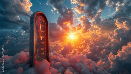 thermometer is shown above a blue sky, in the style of lens flare, global warming photo