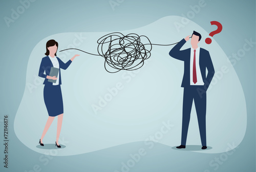 Bad communication, misunderstanding create confusion in work, miscommunicate unclear message and information concept, businessman talking through messy chaos, make other confused.