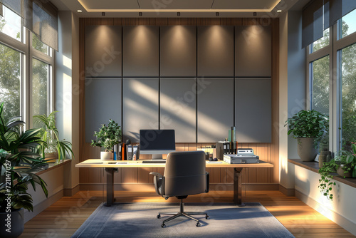 A home office with acoustic panels, ensuring a quiet and distraction-free work environment. Concept of soundproofing for focused and efficient home offices. Generative Ai.