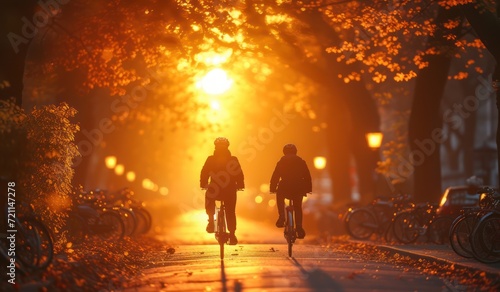 people riding on bikes on a city street, in the style of paris school, backlight, busy landscapes