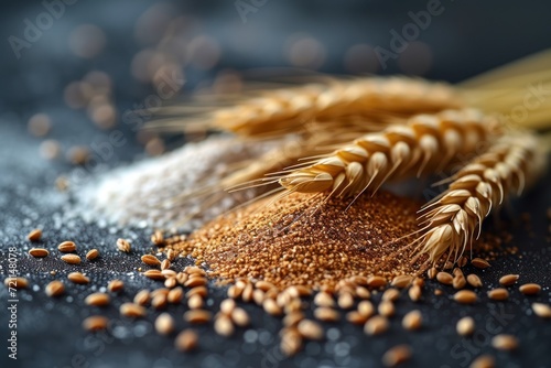 wheat seeds next to other flour on a black table, in the style of contemporary diy