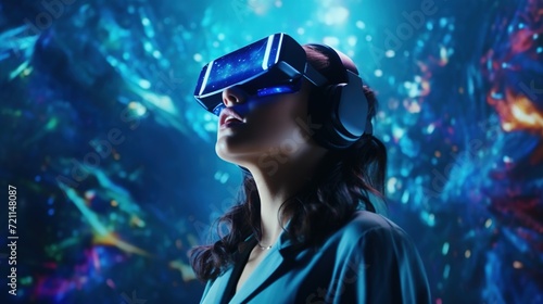 Amazed Woman in VR Headset Explores the Metaverse. Virtual Space  Gaming  Entertainment  Futuristic 