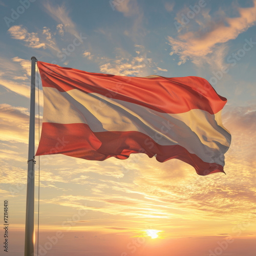 The flag of Austria waiving during sunrise.  photo