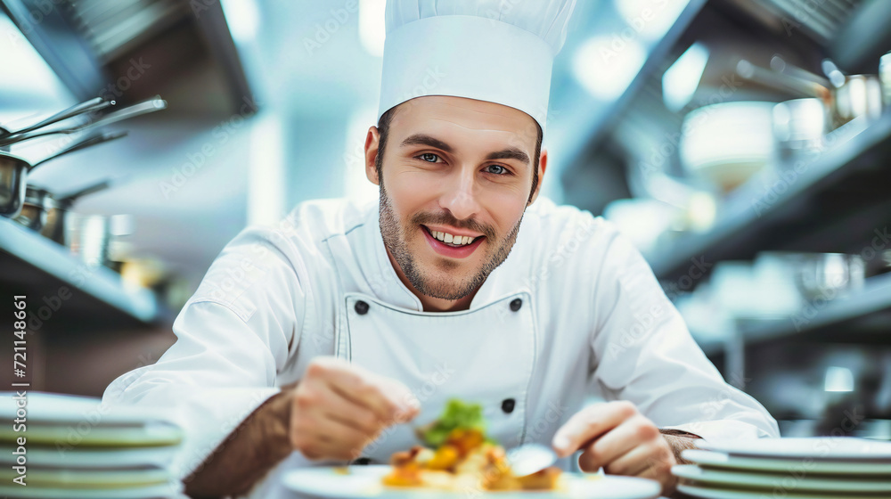 Professional Chef in Kitchen Preparing Food, Restaurant Environment with Man Cooking a Meal