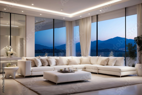 Architecture interior design living room  luxury apartment with white furniture  at night time