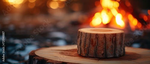 wooden stump lamp, near a fireplace on a table, in the style of captivating light effects © STOCKYE STUDIO