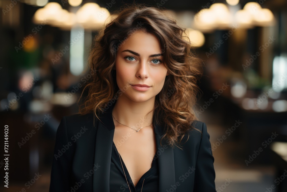 young female business executive standing in office, in the style of warmcore young female business executive standing in office, in the style of warmcore