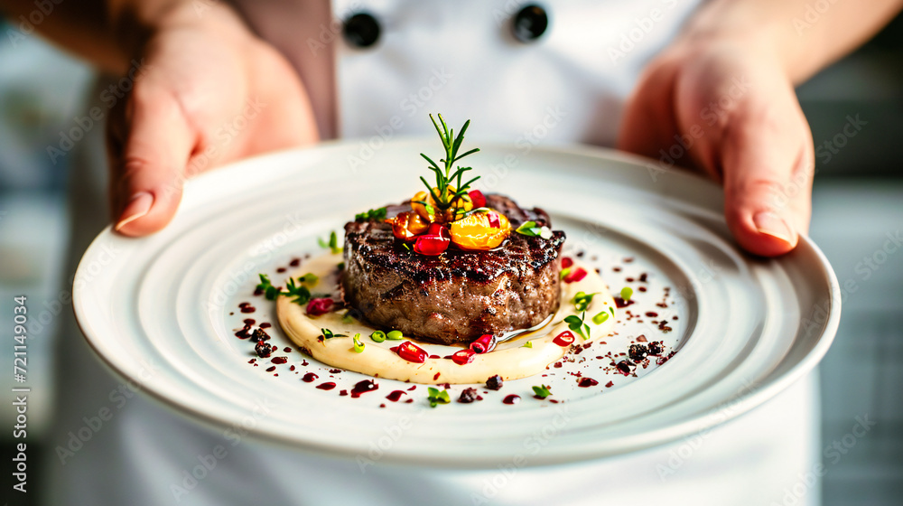 Gourmet Beef Steak on Plate with Sauce and Vegetables, Delicious Meal in Restaurant Setting Gourmet Beef Steak on Plate with Sauce and Vegetables, Delicious Meal in Restaurant Setting