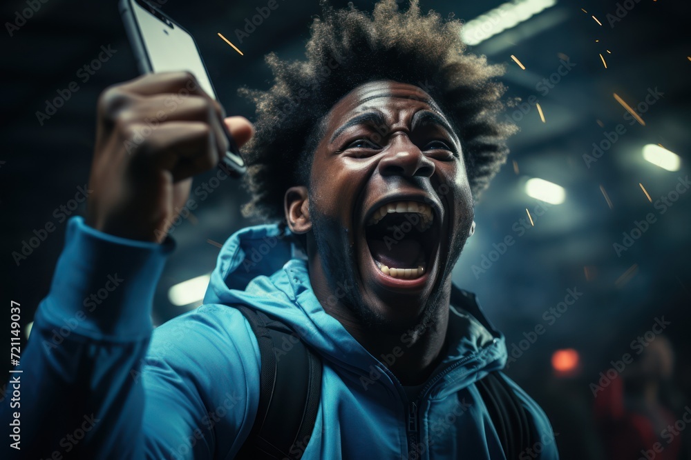 young man with the phone showing his fist, in the style of afro-colombian young man with the phone showing his fist, in the style of afro-colombian