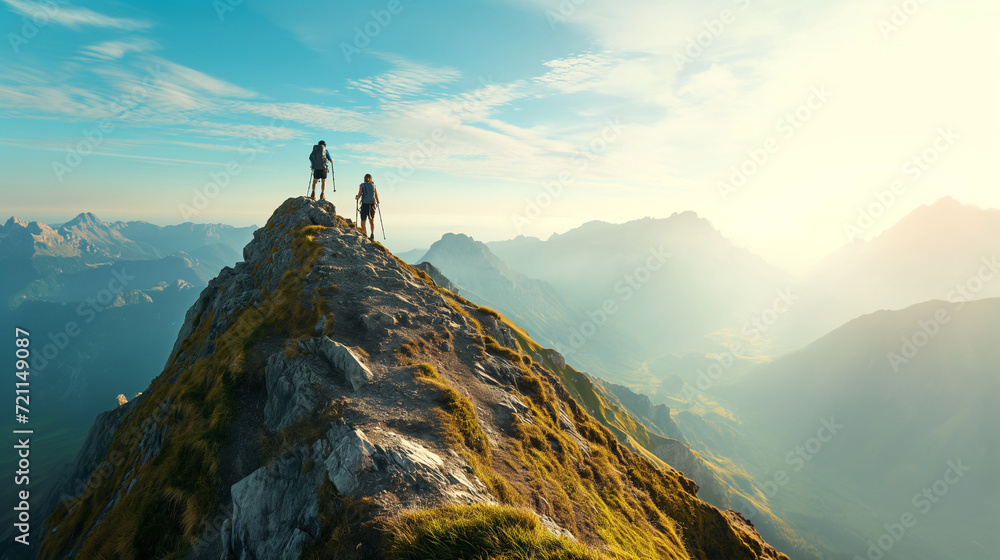 Wandern als Teambildende Maßnahme unter Kollegen mit Alpenpanorama und Wanderwege in den Alpen Generative AI