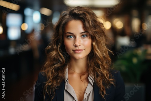 young female business executive standing in office, in the style of warmcore photo