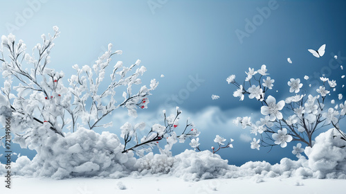 Spring branch with white flowers on a blue background. Spring concept. Winter background with tree branches and berries. Place for your text.