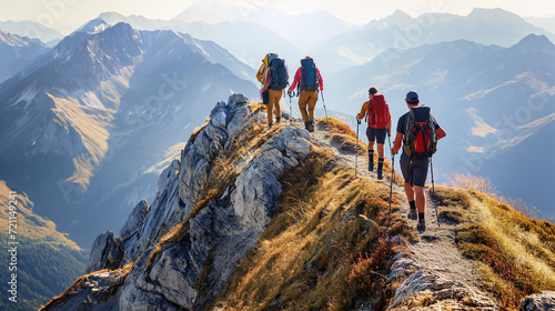 Zusammenhalt im Zeam stärken mit Teambildung Wandern in den Alpen mit Bergpanorama Personen mit Rucksack in den Alpen auf Wanderwegen und am Gipfel Generative AI