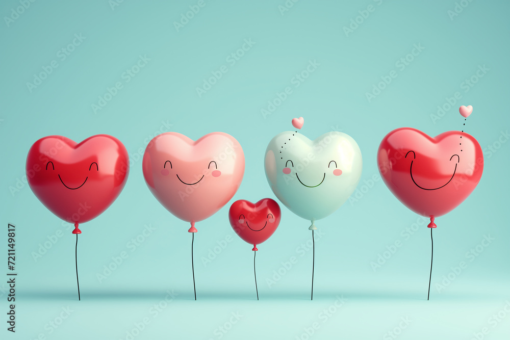 Smiling heart shaped balloons. Valentine's day concept.